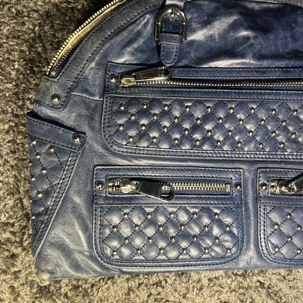 Dark Blue leather studded silver  BADGLEY MISCHKA American Glamour  shoulder bag